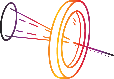 Cone shape tapered into a small line once it passes through a circular mirror, all with a gradient color.