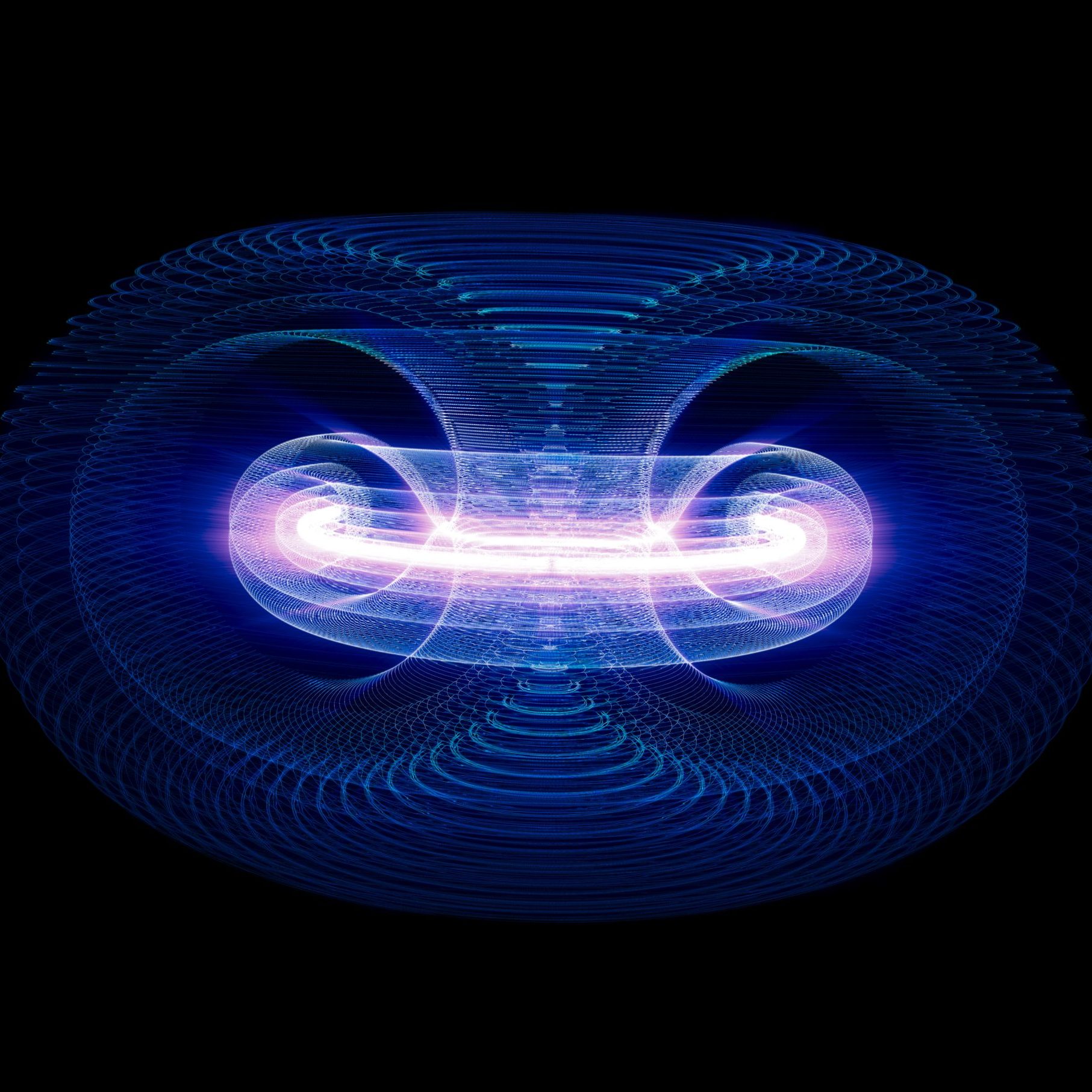 Bright pink plasma shining in a glowing blue spherical pattern.