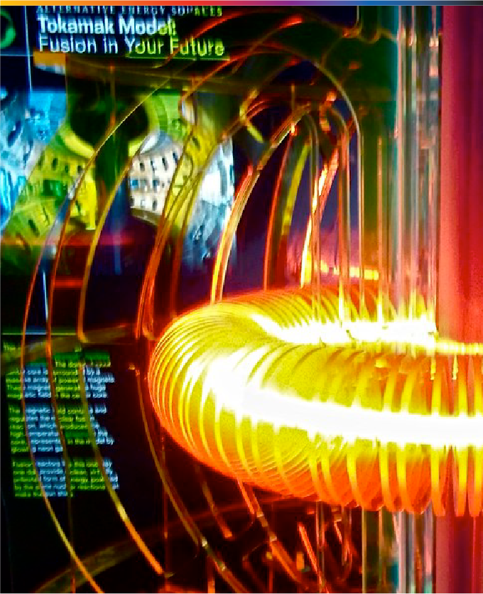 Tokamak donut-shaped coils with glowing lights inside.