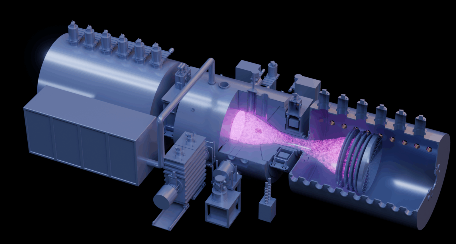 piece of tubular scientific equipment with a cutout showing glowing plasma inside