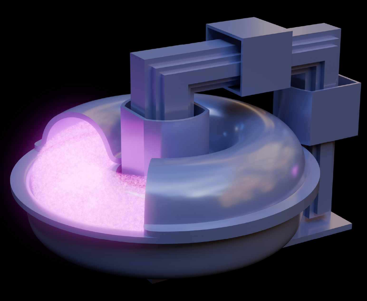 piece of donut-shaped scientific equipment with a cutout showing glowing plasma inside