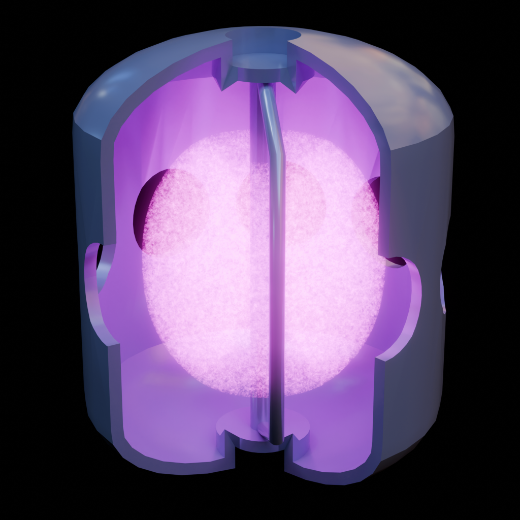 an tall piece of scientific equipment with a cutout showing a glowing plasma sphere inside