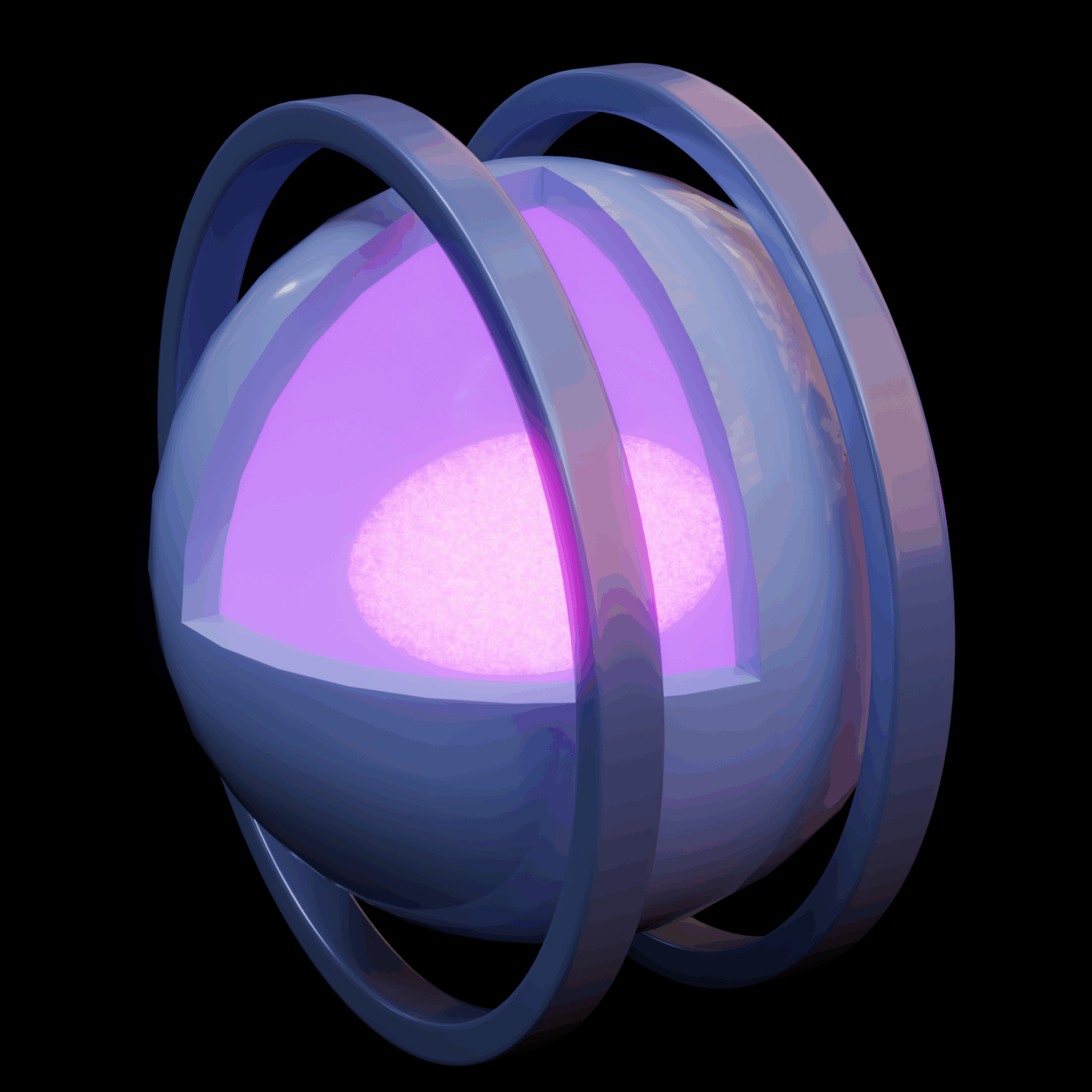 3D rendering of a large, spherical piece of scientific equipment with a plasma ball in the center