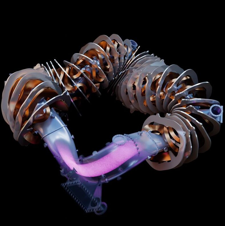 a twisted piece of scientific equipment that shows glowing plasma moving in a curved pattern