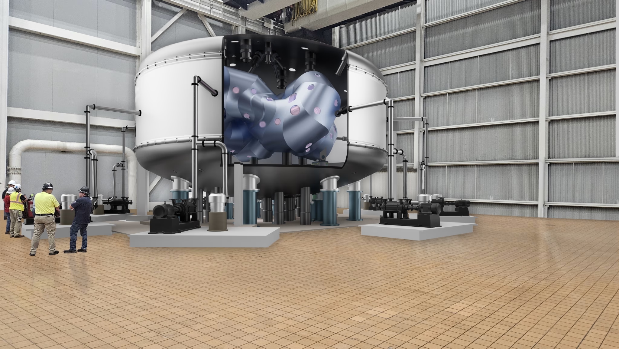 conceptual rendering of a warehouse with a large piece of fusion science equipment in the center